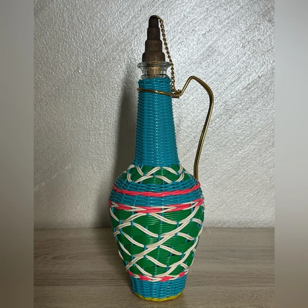 Vintage Spain Wine Bottle Plastic Woven Wicker Metal Handle